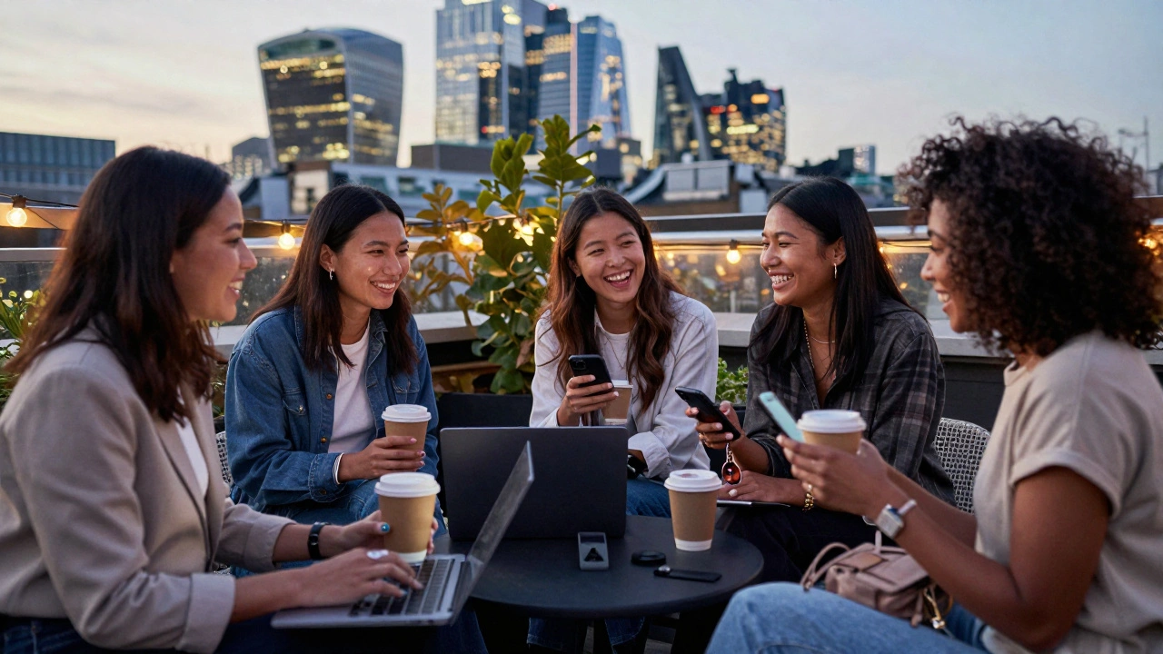 A group of escort professionals relax together on a rooftop, talking and checking safety apps under string lights.