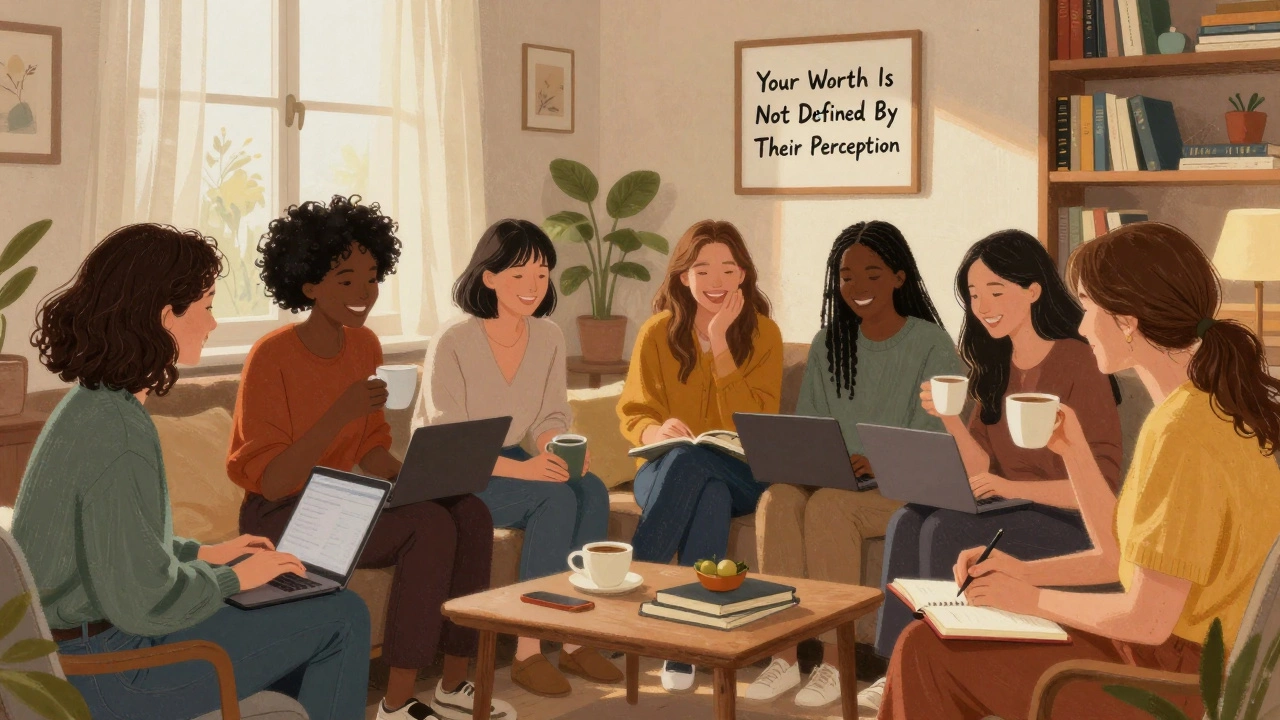 A group of women in a warm living room, laughing together over coffee, supporting each other.