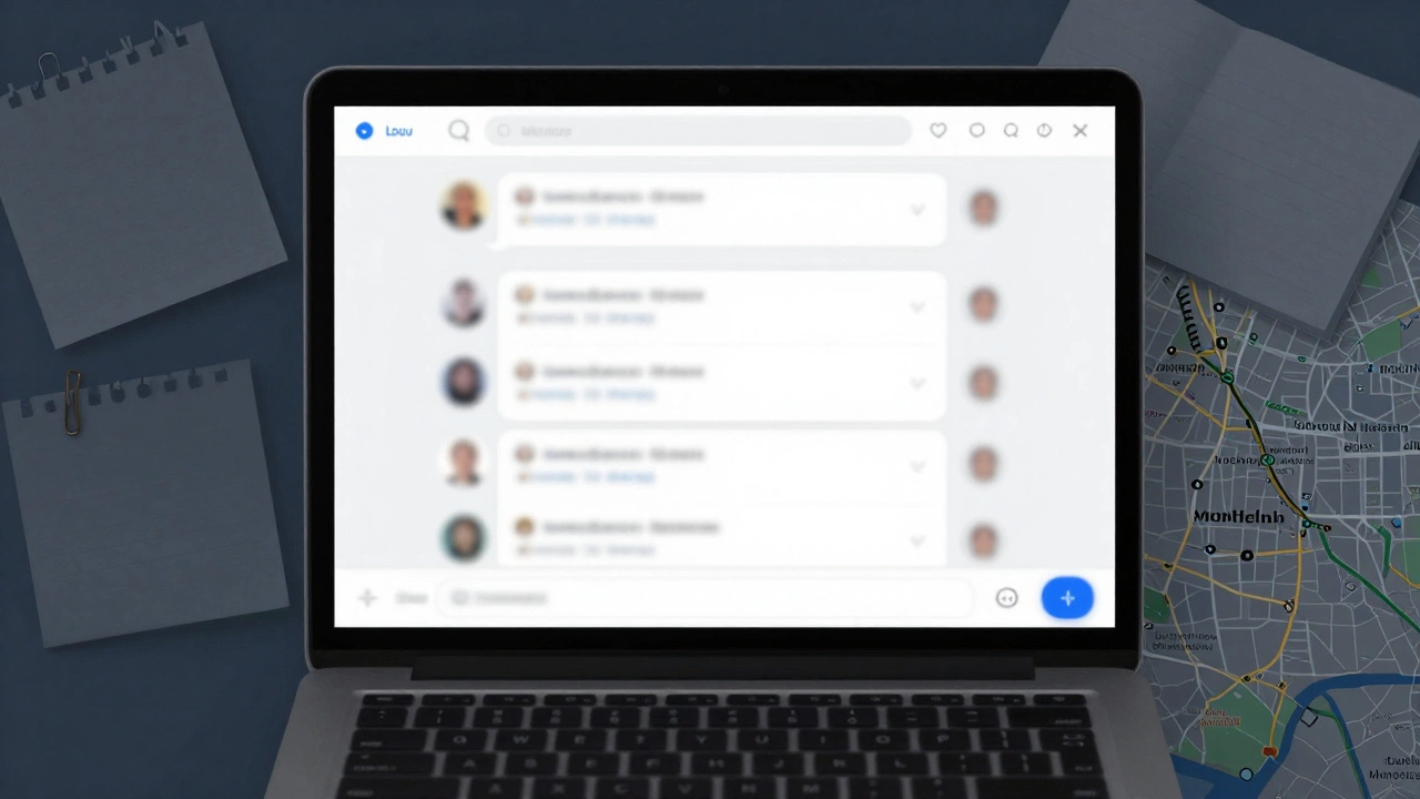 A laptop screen showing encrypted messages and blurred profiles, symbolizing hidden connections in Montpellier.