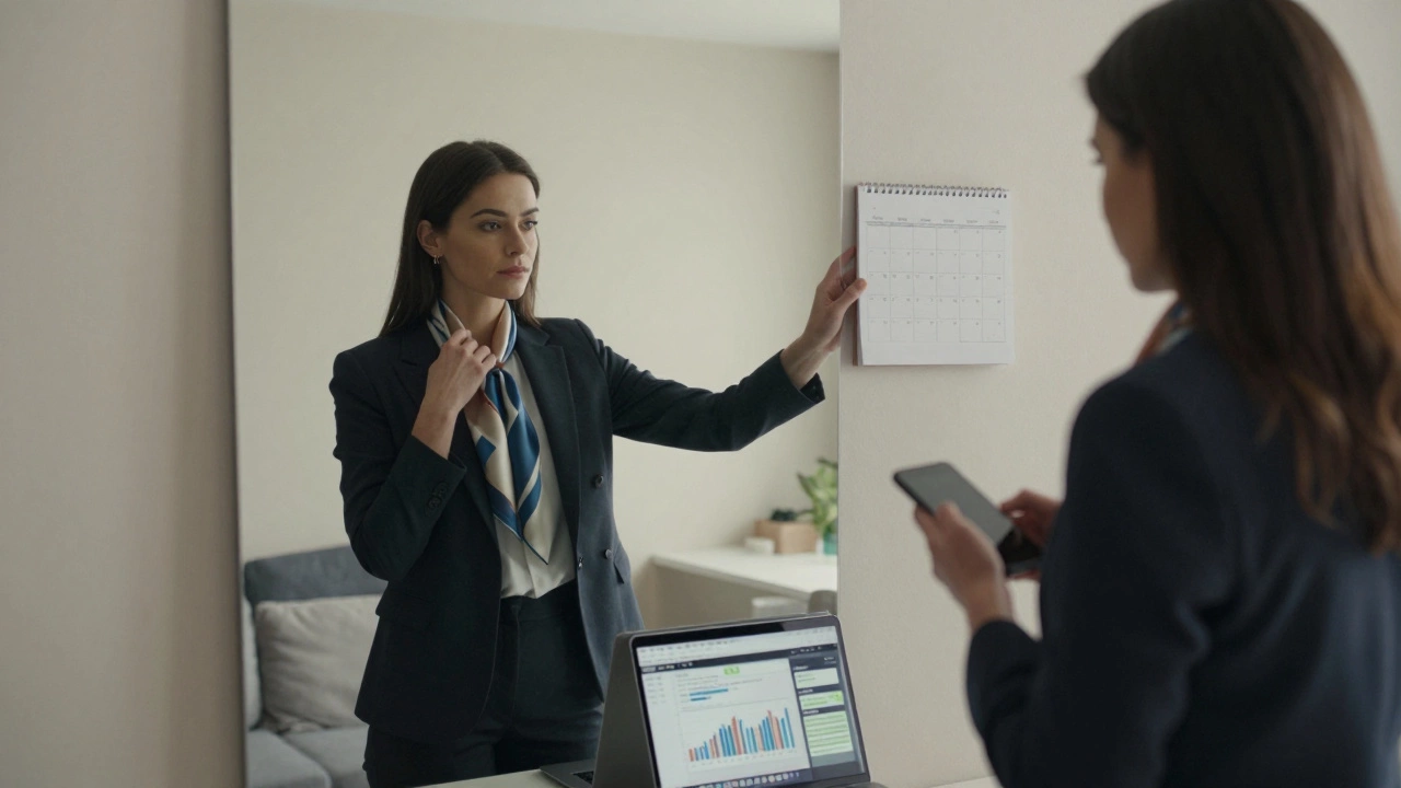 A professional woman prepares for an appointment, reviewing her schedule and finances in a calm, modern apartment.