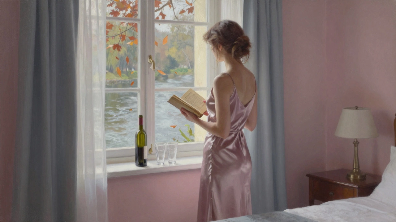 A woman gazes out a hotel window at autumn leaves, holding a book, soft morning light streaming in.