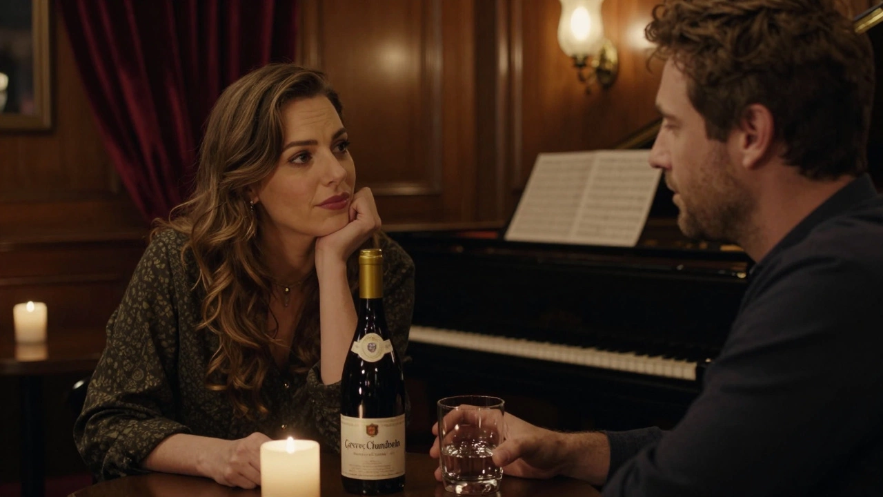 A woman listens intently to a man in a dim jazz bar, wine glass beside them, piano music in the background.