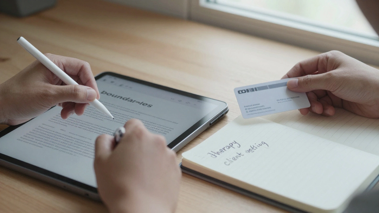 Hands signing a digital contract with safety notes visible on a notebook beside a business card.