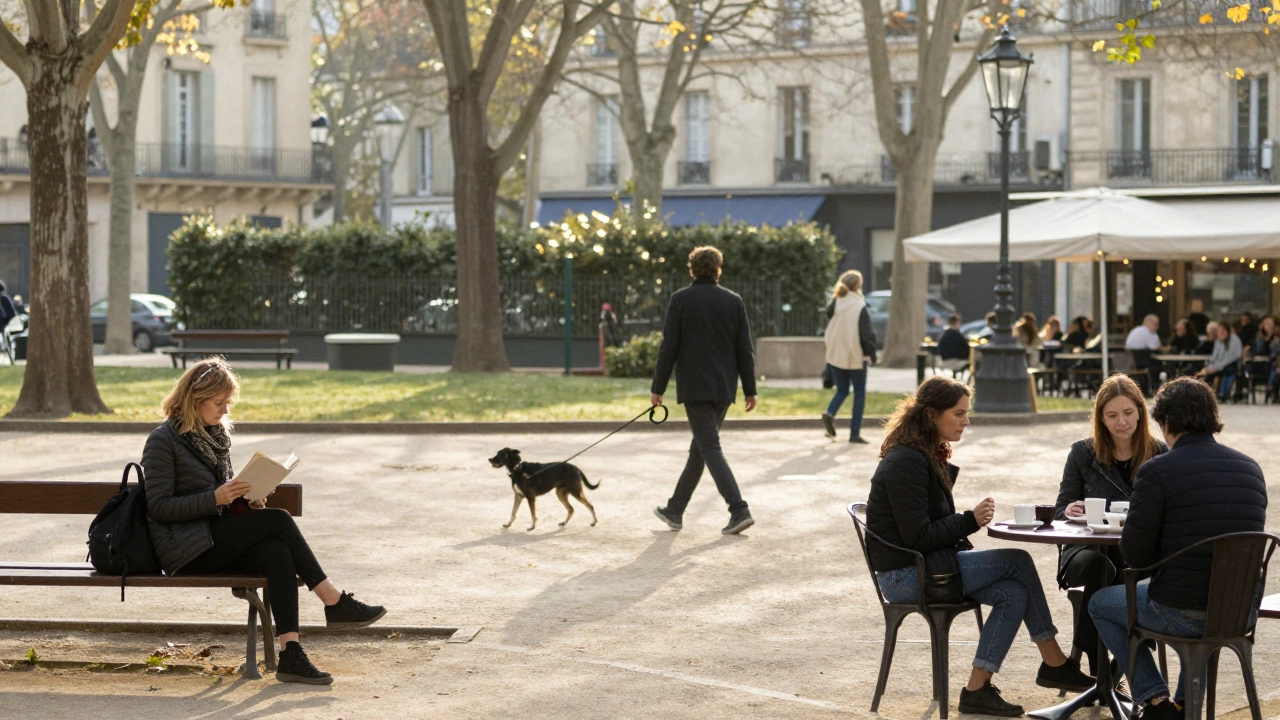 People enjoying a peaceful morning in a Montpellier park, engaged in quiet, authentic social moments.